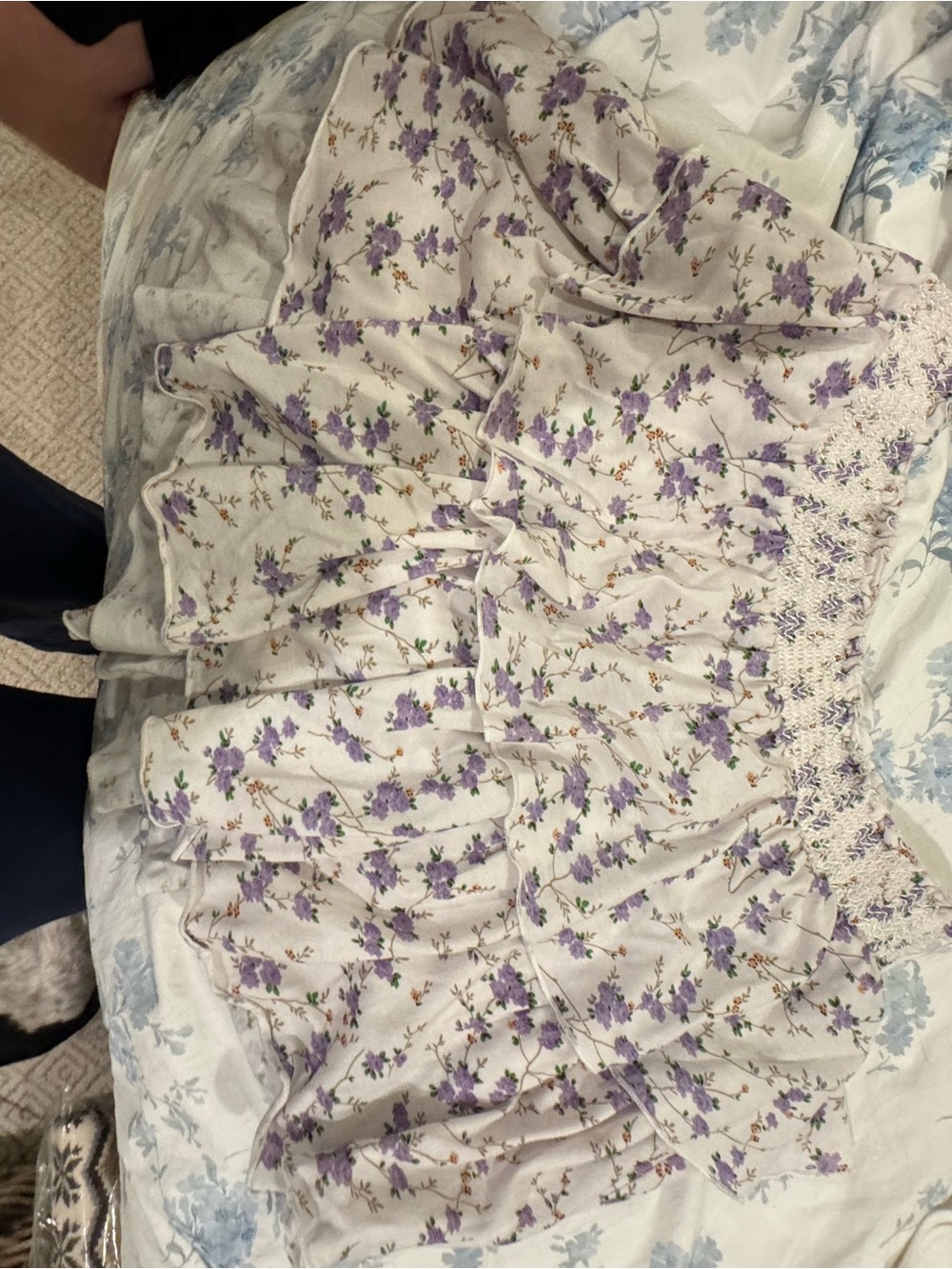 LoveShackFancy Cream Mini Skirt with Purple Floral Print